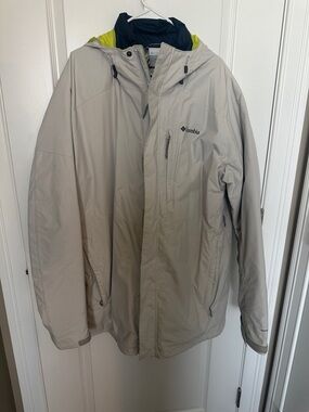 Columbia Men's Beige Waterproof Jacket with Lime and Navy Accents